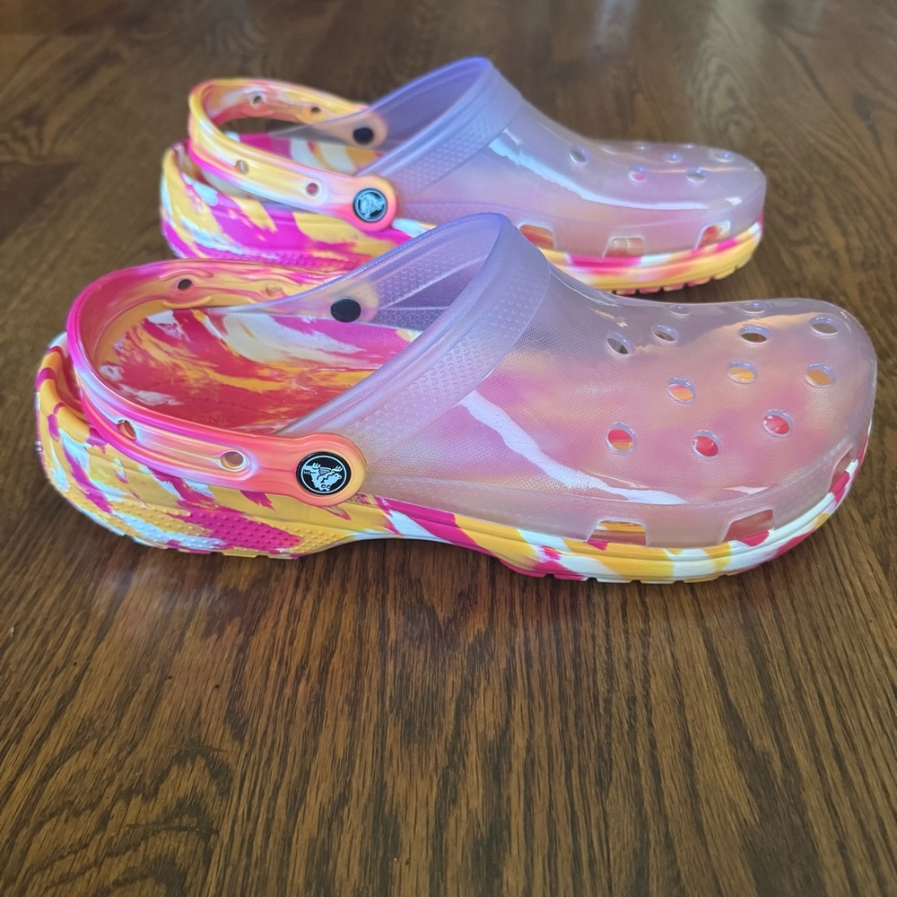 Crocs Pink Orange Translucent Colorful Marbled Clogs